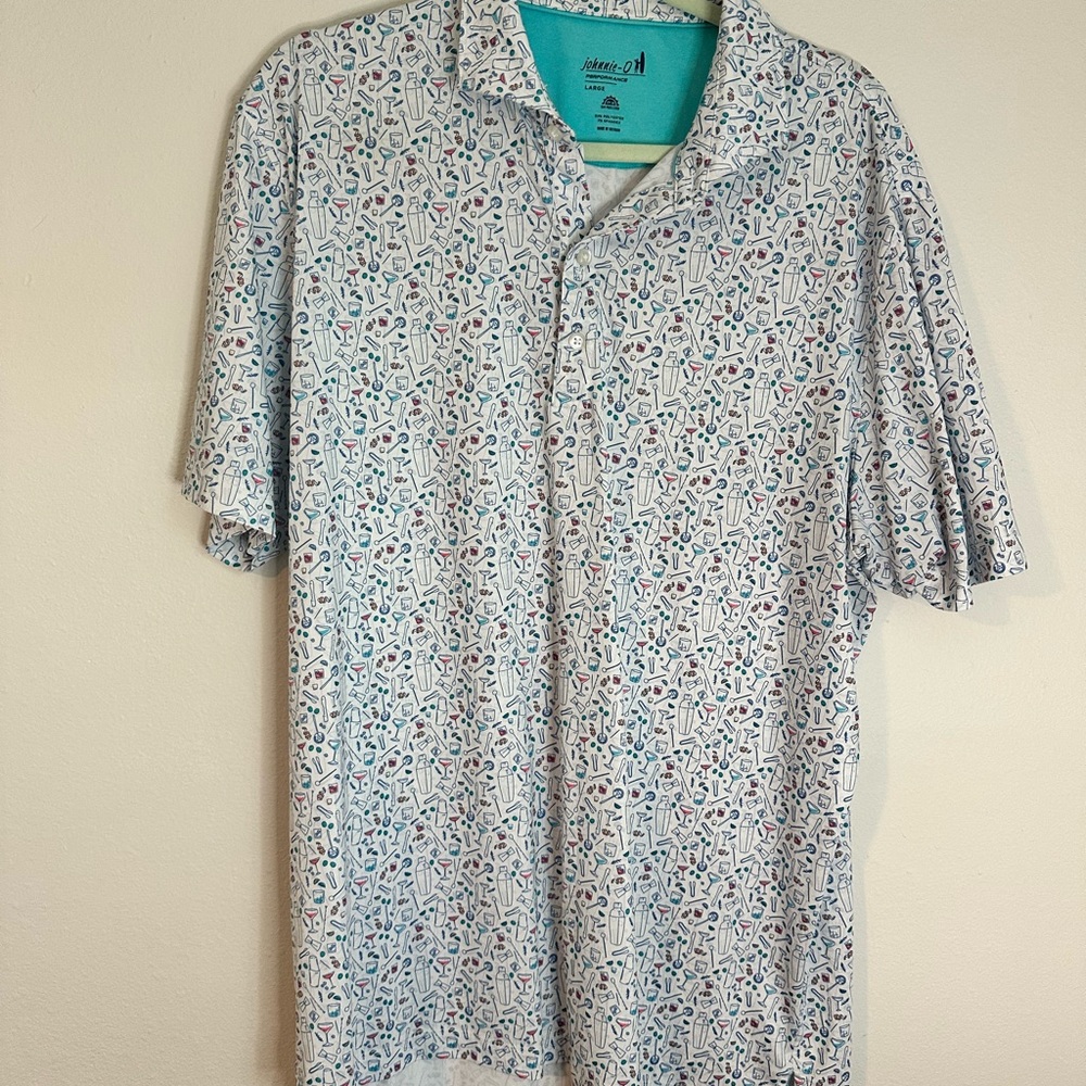 johnnie-O White Short-Sleeve Polo with Multicolor Golf Print